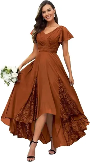 Tea Length Mother of The Bride Dresses for Wedding Chiffon Lace High Low V-Neck Evening Dresses for Women Elegant Classy