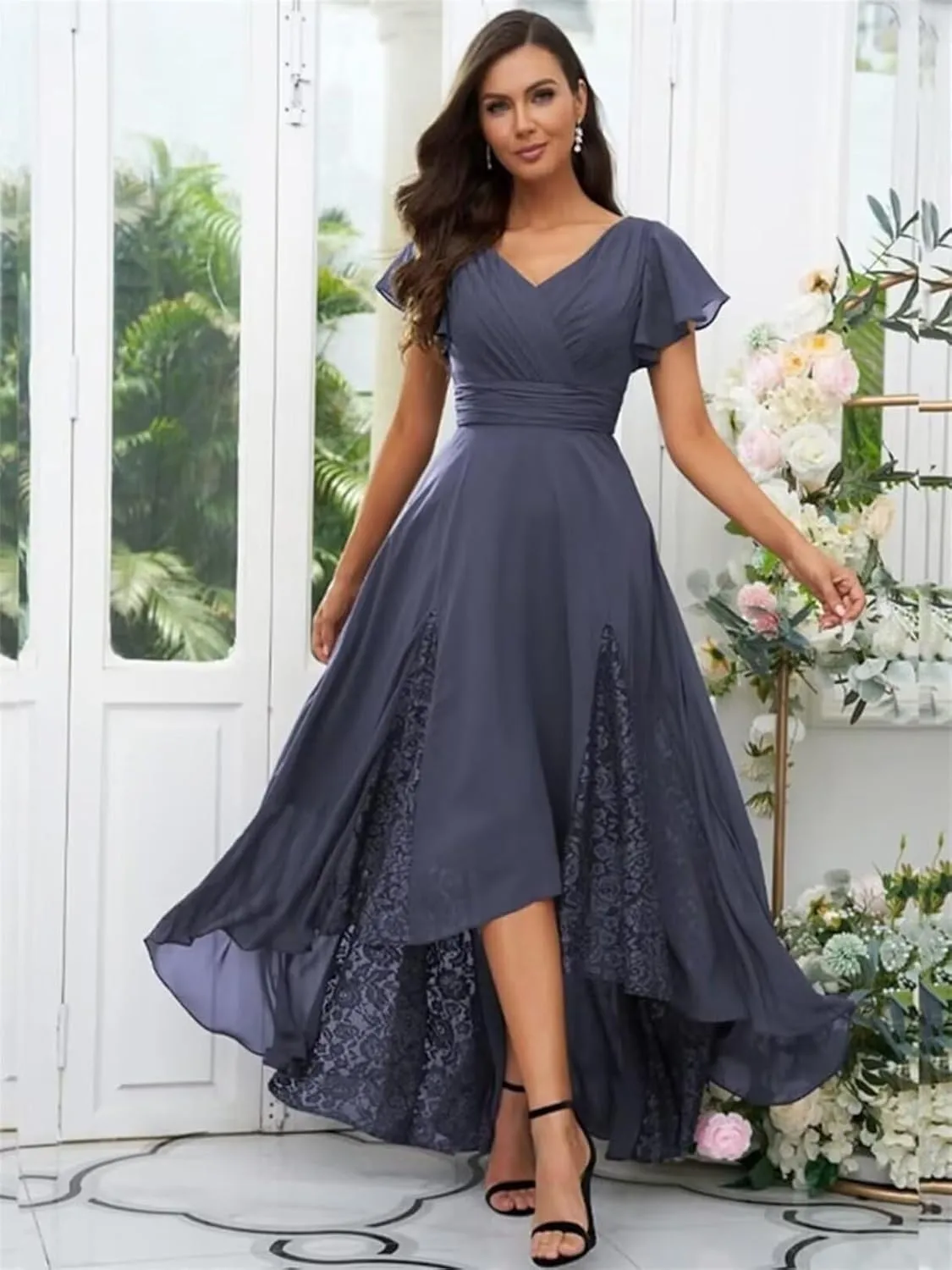 Tea Length Mother of The Bride Dresses for Wedding Chiffon Lace High Low V-Neck Evening Dresses for Women Elegant Classy