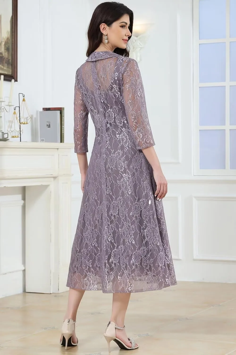 Tea Length Mother of The Bride Dresses for Wedding with Pockets 2 Piece Lace Chiffon 3/4 Sleeve Evening Dresses with Jacket