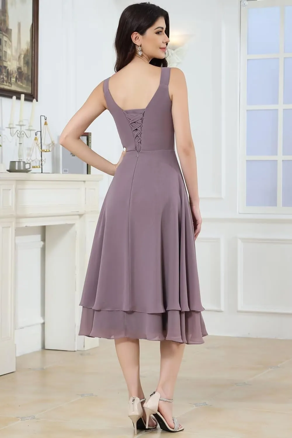 Tea Length Mother of The Bride Dresses for Wedding with Pockets 2 Piece Lace Chiffon 3/4 Sleeve Evening Dresses with Jacket