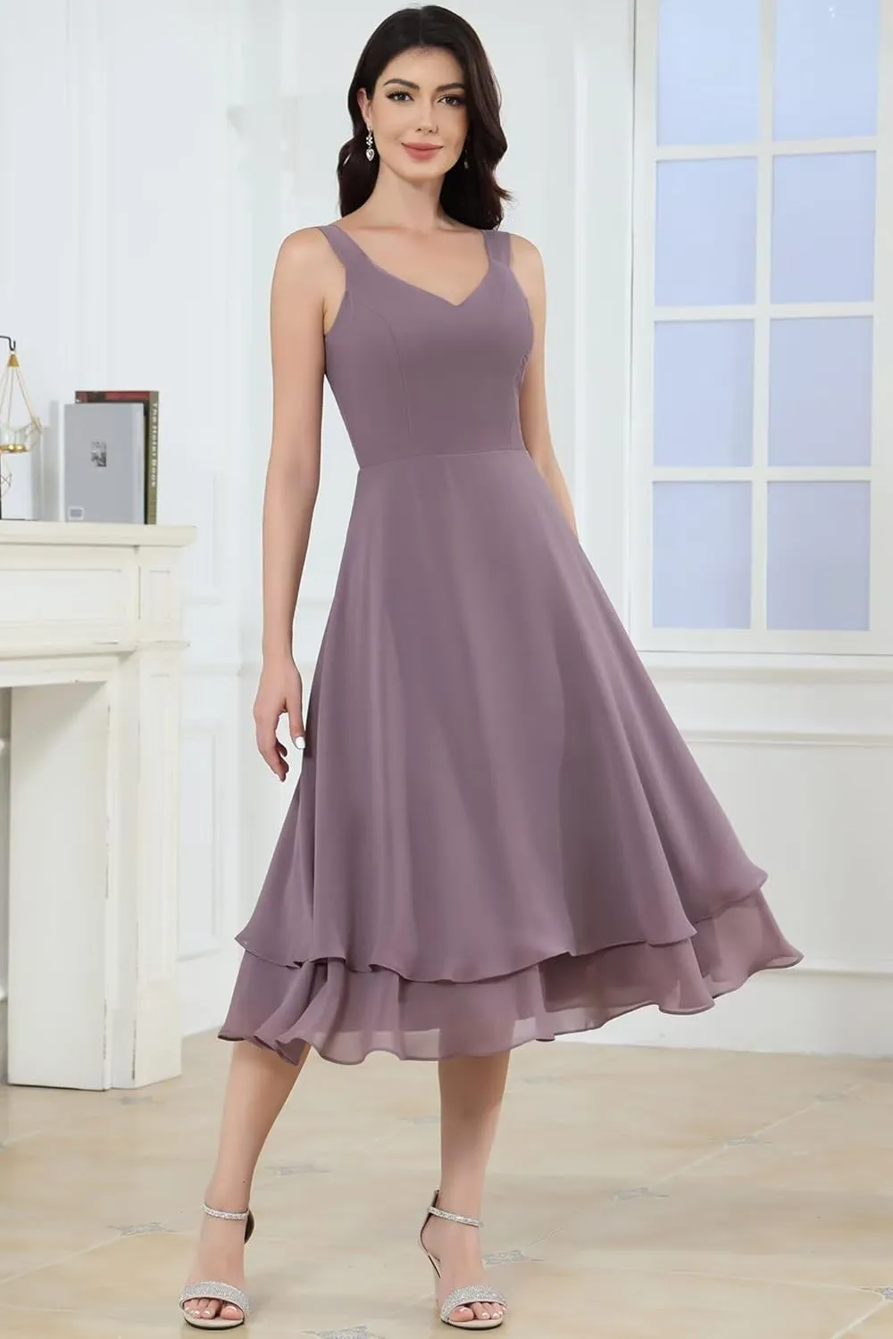 Tea Length Mother of The Bride Dresses for Wedding with Pockets 2 Piece Lace Chiffon 3/4 Sleeve Evening Dresses with Jacket