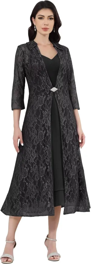 Tea Length Mother of The Bride Dresses for Wedding with Pockets 2 Piece Lace Chiffon 3/4 Sleeve Evening Dresses with Jacket