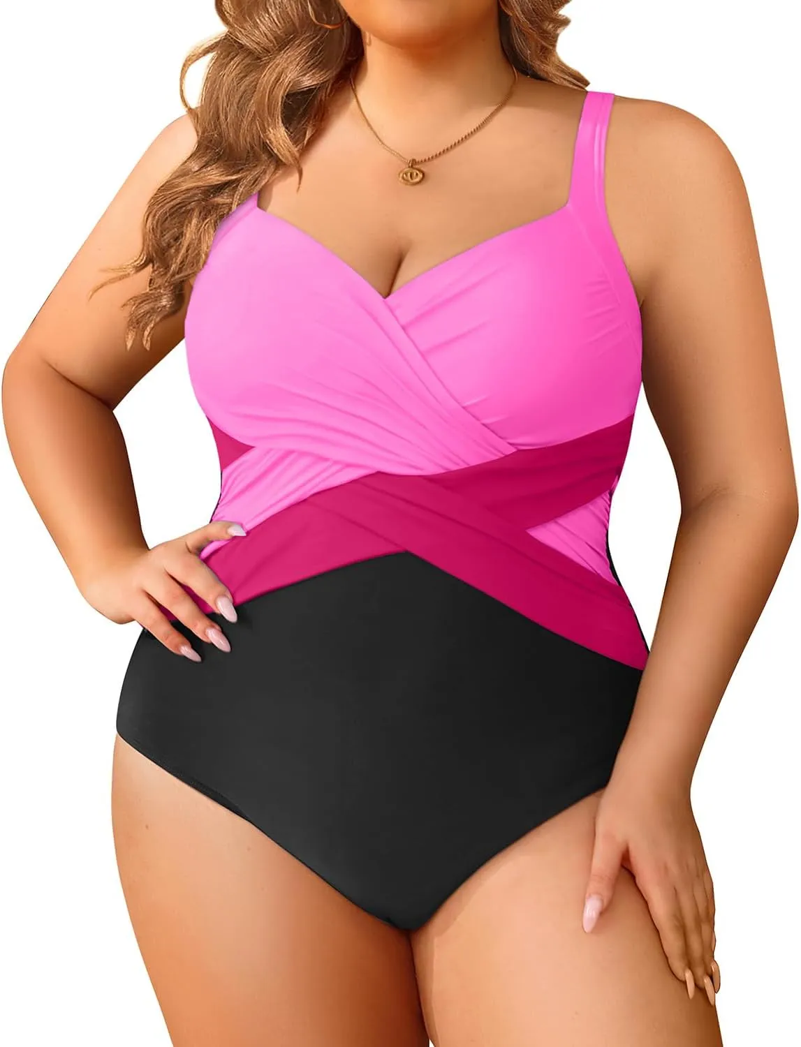 Tempt Me Women Plus Size One Piece Swimsuits Tummy Control Retro Bathing Suit Cross Front Swimwear