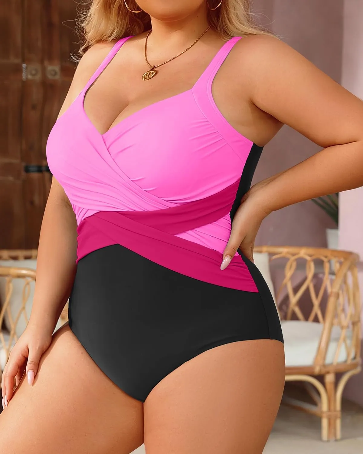 Tempt Me Women Plus Size One Piece Swimsuits Tummy Control Retro Bathing Suit Cross Front Swimwear