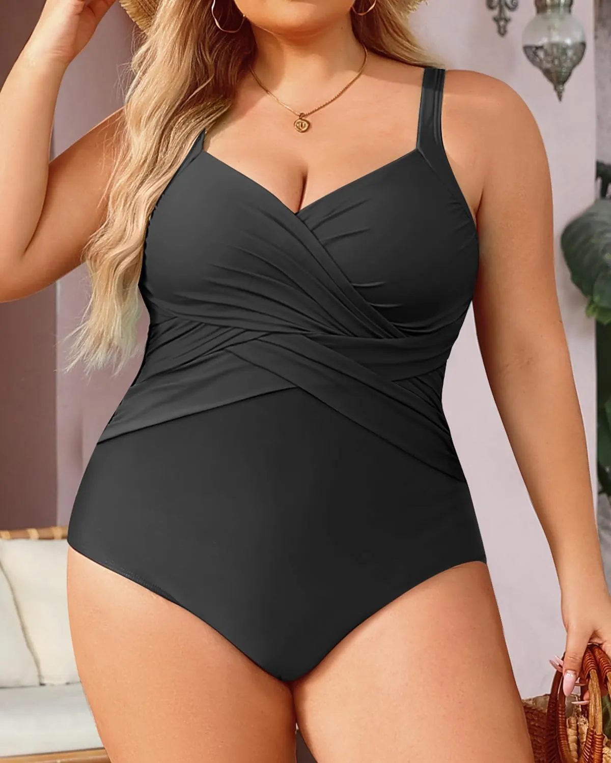 Tempt Me Women Plus Size One Piece Swimsuits Tummy Control Retro Bathing Suit Cross Front Swimwear