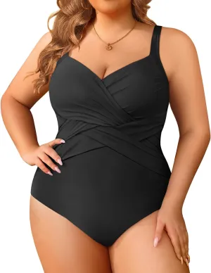 Tempt Me Women Plus Size One Piece Swimsuits Tummy Control Retro Bathing Suit Cross Front Swimwear