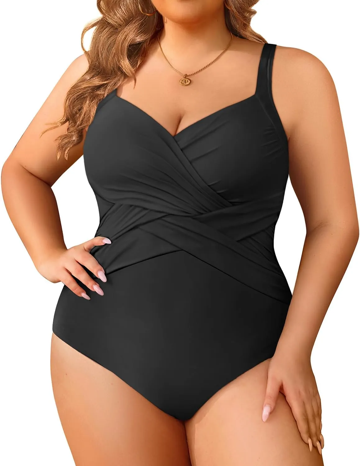 Tempt Me Women Plus Size One Piece Swimsuits Tummy Control Retro Bathing Suit Cross Front Swimwear