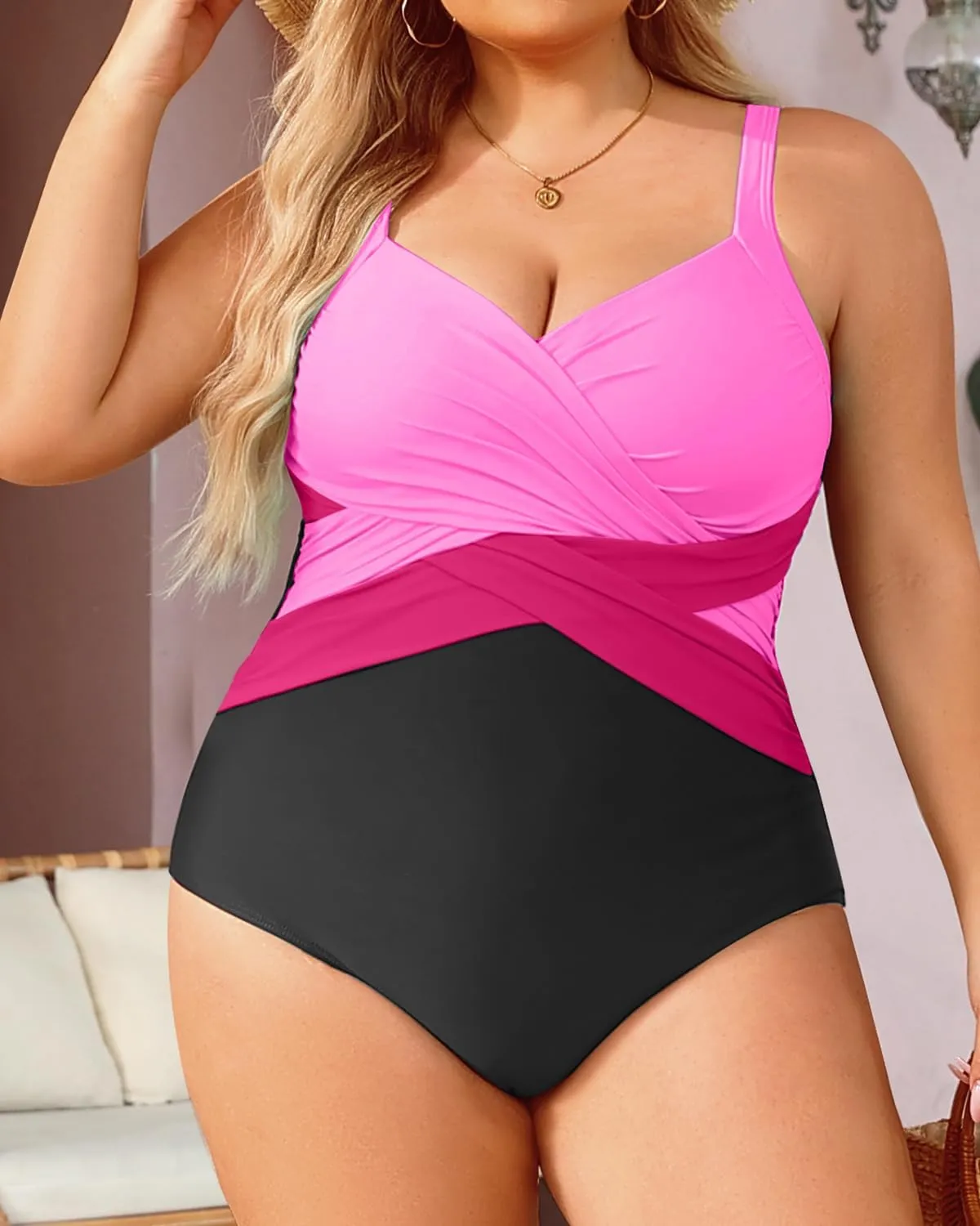 Tempt Me Women Plus Size One Piece Swimsuits Tummy Control Retro Bathing Suit Cross Front Swimwear