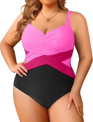 Tempt Me Women Plus Size One Piece Swimsuits Tummy Control Retro Bathing Suit Cross Front Swimwear