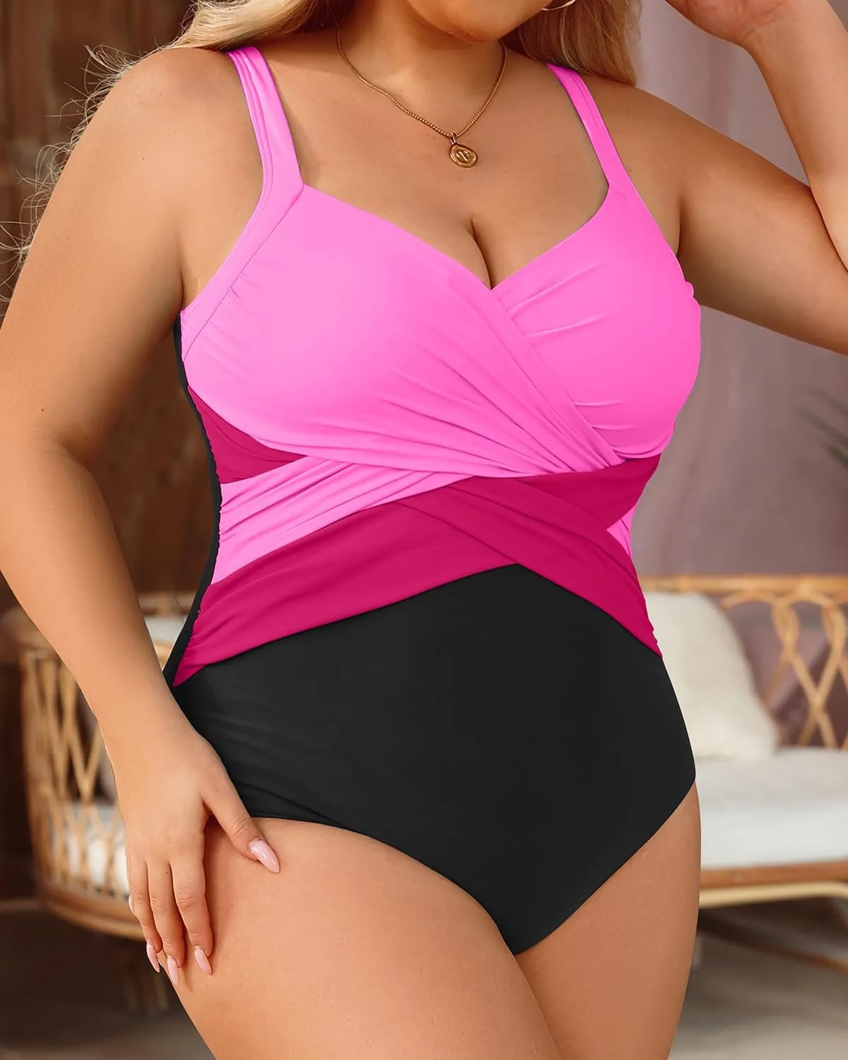 Tempt Me Women Plus Size One Piece Swimsuits Tummy Control Retro Bathing Suit Cross Front Swimwear