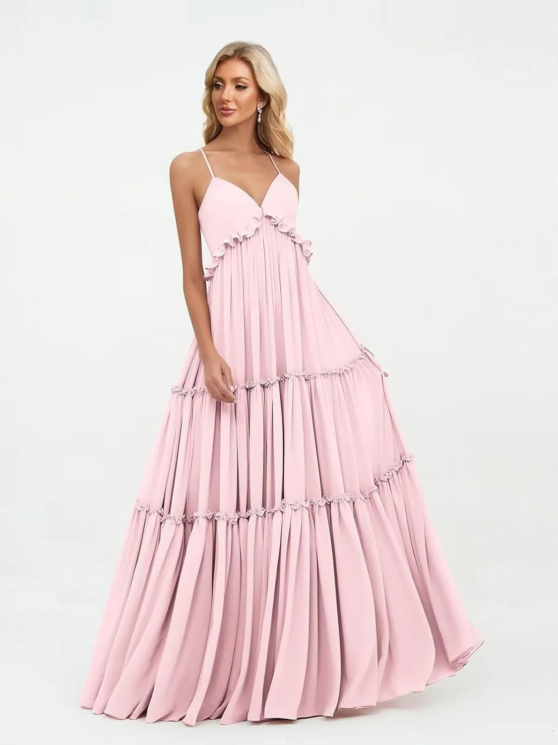 Tiered Long Bridesmaid Dresses for Women Spaghetti Straps A Line Ruffle Chiffon Formal Evening Dress for Teens IK076