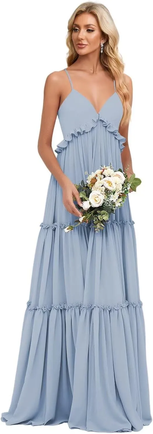 Tiered Long Bridesmaid Dresses for Women Spaghetti Straps A Line Ruffle Chiffon Formal Evening Dress for Teens IK076