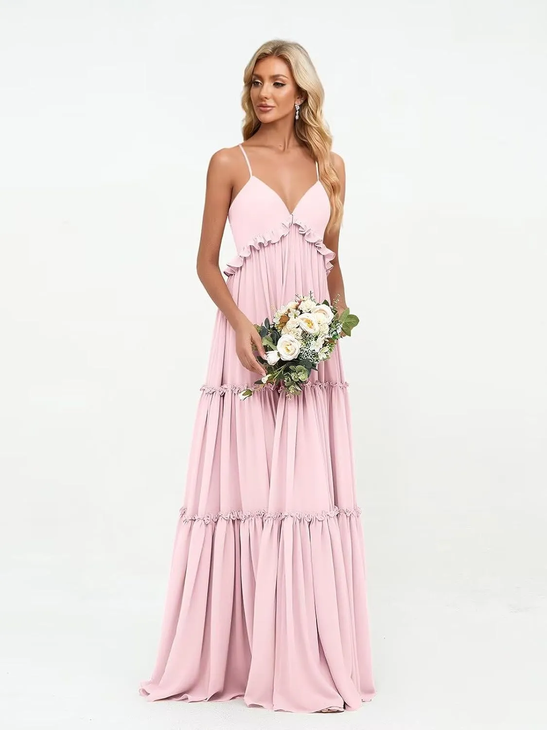 Tiered Long Bridesmaid Dresses for Women Spaghetti Straps A Line Ruffle Chiffon Formal Evening Dress for Teens IK076