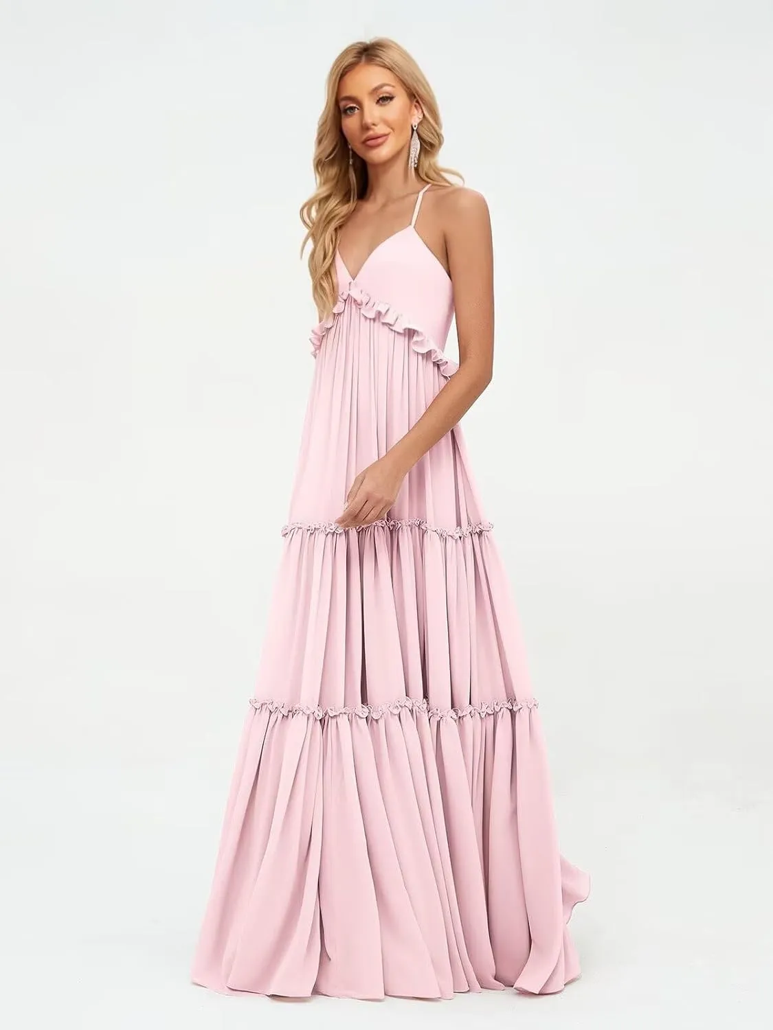 Tiered Long Bridesmaid Dresses for Women Spaghetti Straps A Line Ruffle Chiffon Formal Evening Dress for Teens IK076