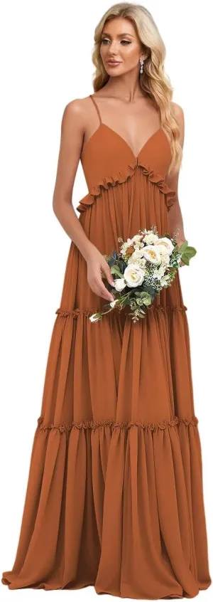 Tiered Long Bridesmaid Dresses for Women Spaghetti Straps A Line Ruffle Chiffon Formal Evening Dress for Teens IK076