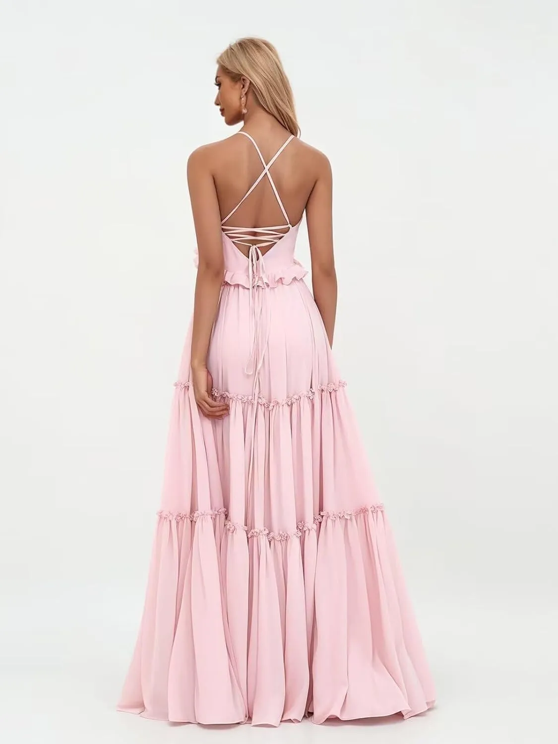 Tiered Long Bridesmaid Dresses for Women Spaghetti Straps A Line Ruffle Chiffon Formal Evening Dress for Teens IK076