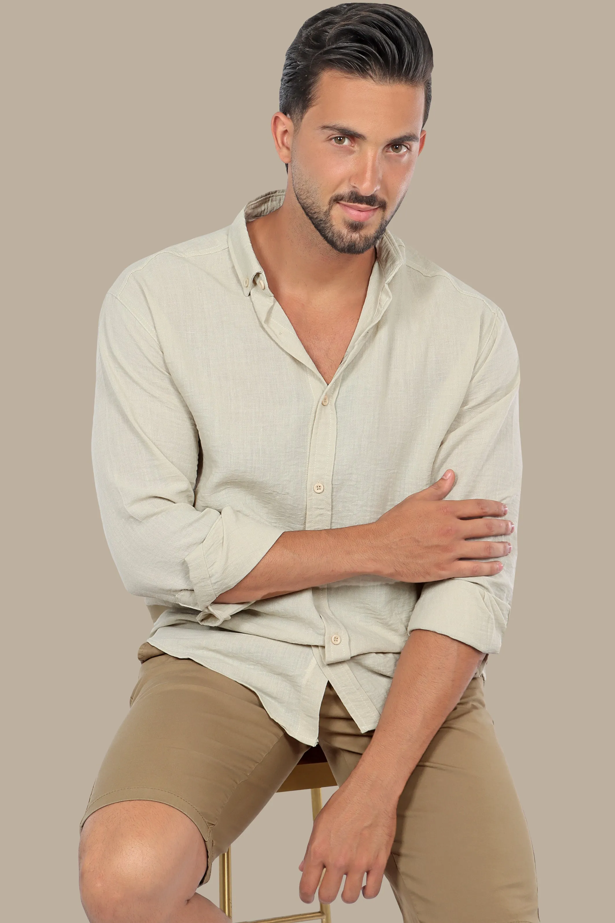 Timeless Elegance: Beige Linen Long Sleeve Button Down