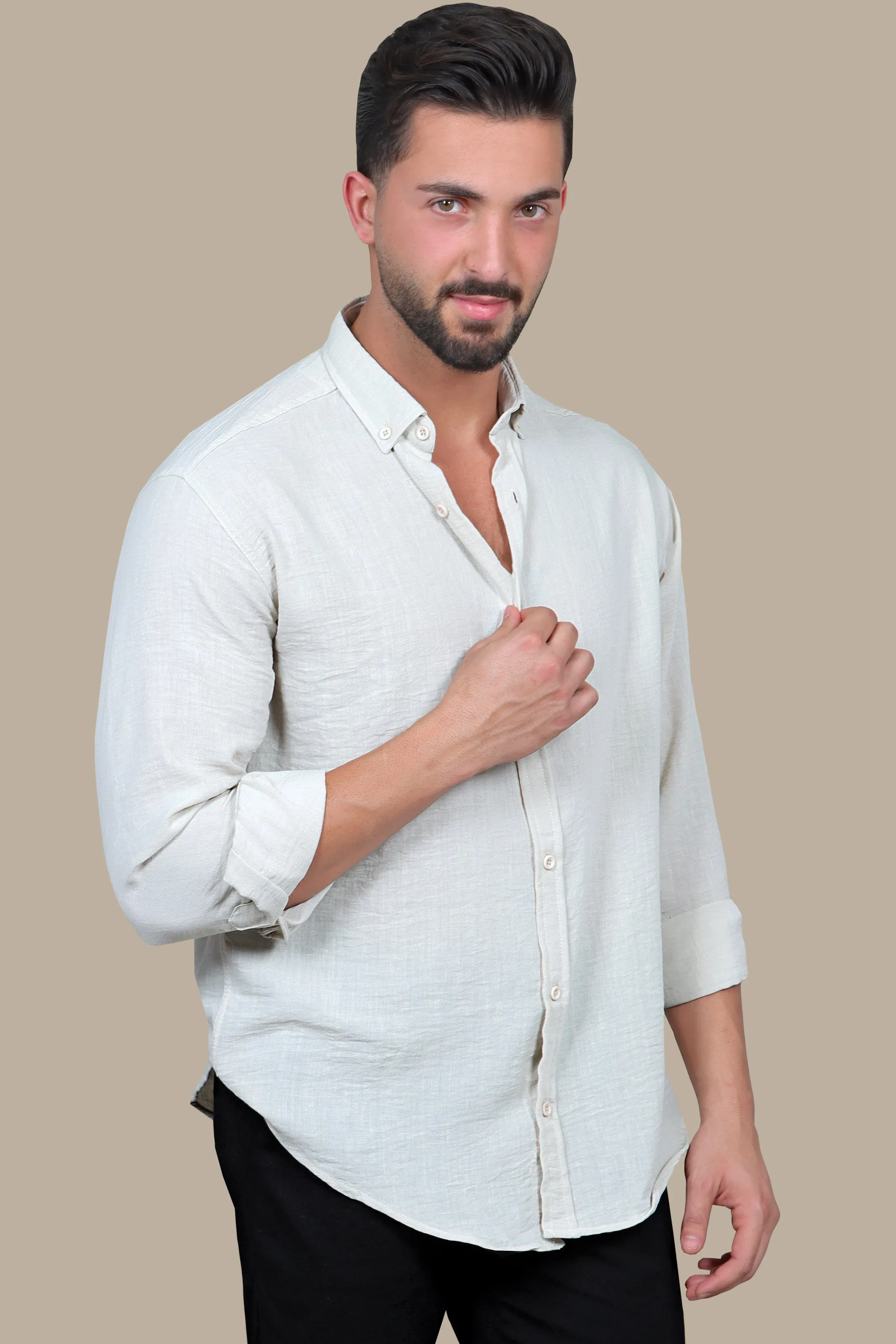 Timeless Elegance: Beige Linen Long Sleeve Button Down