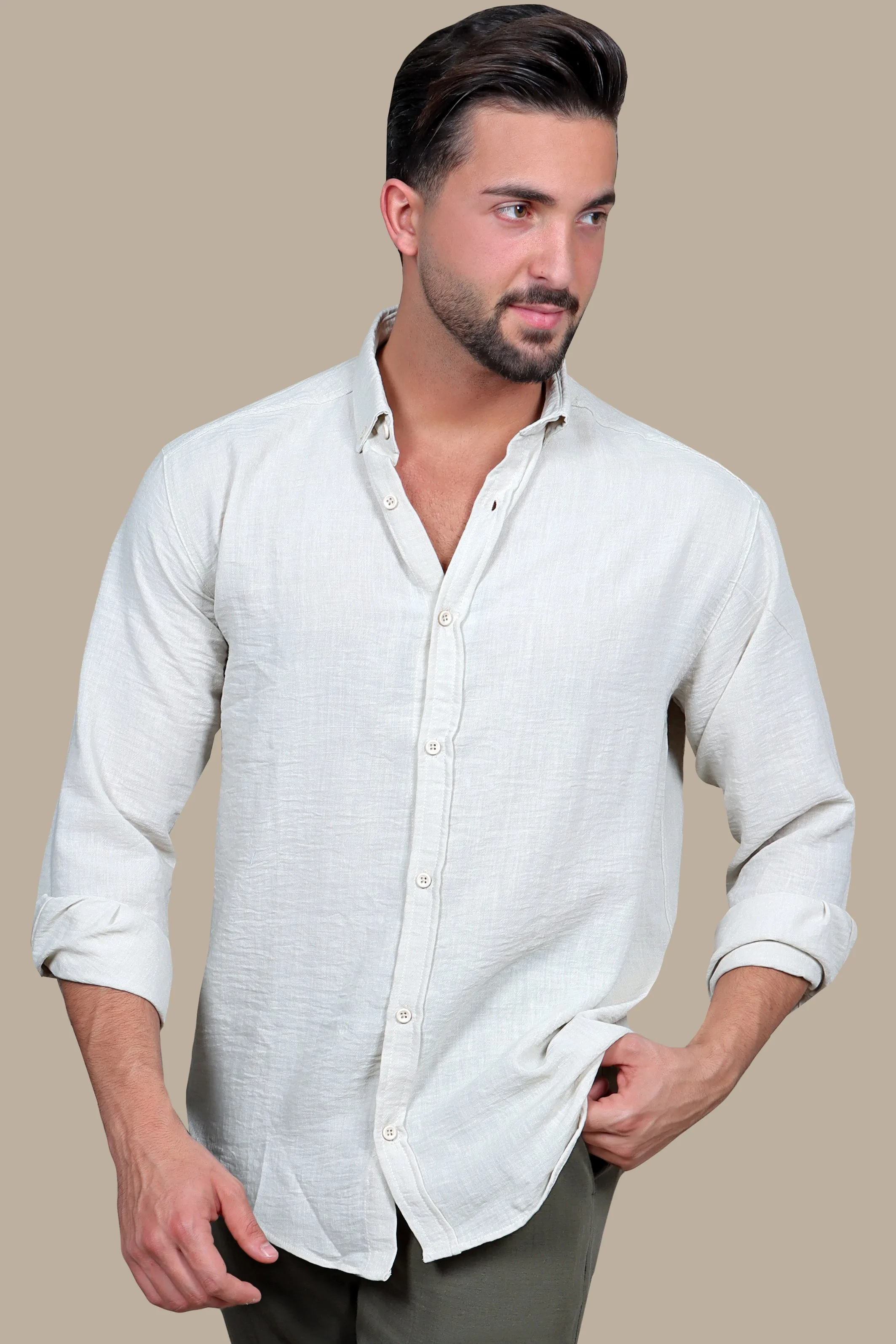 Timeless Elegance: Beige Linen Long Sleeve Button Down