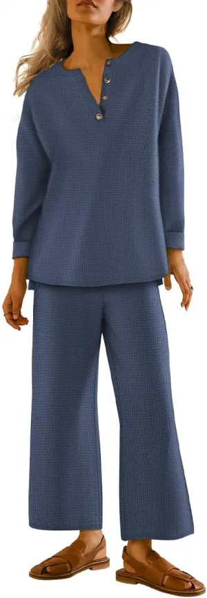 TIYOMI Plus Size 2 Piece Waffle Outfits For Women Top & Wide Leg Pants XL-5XL