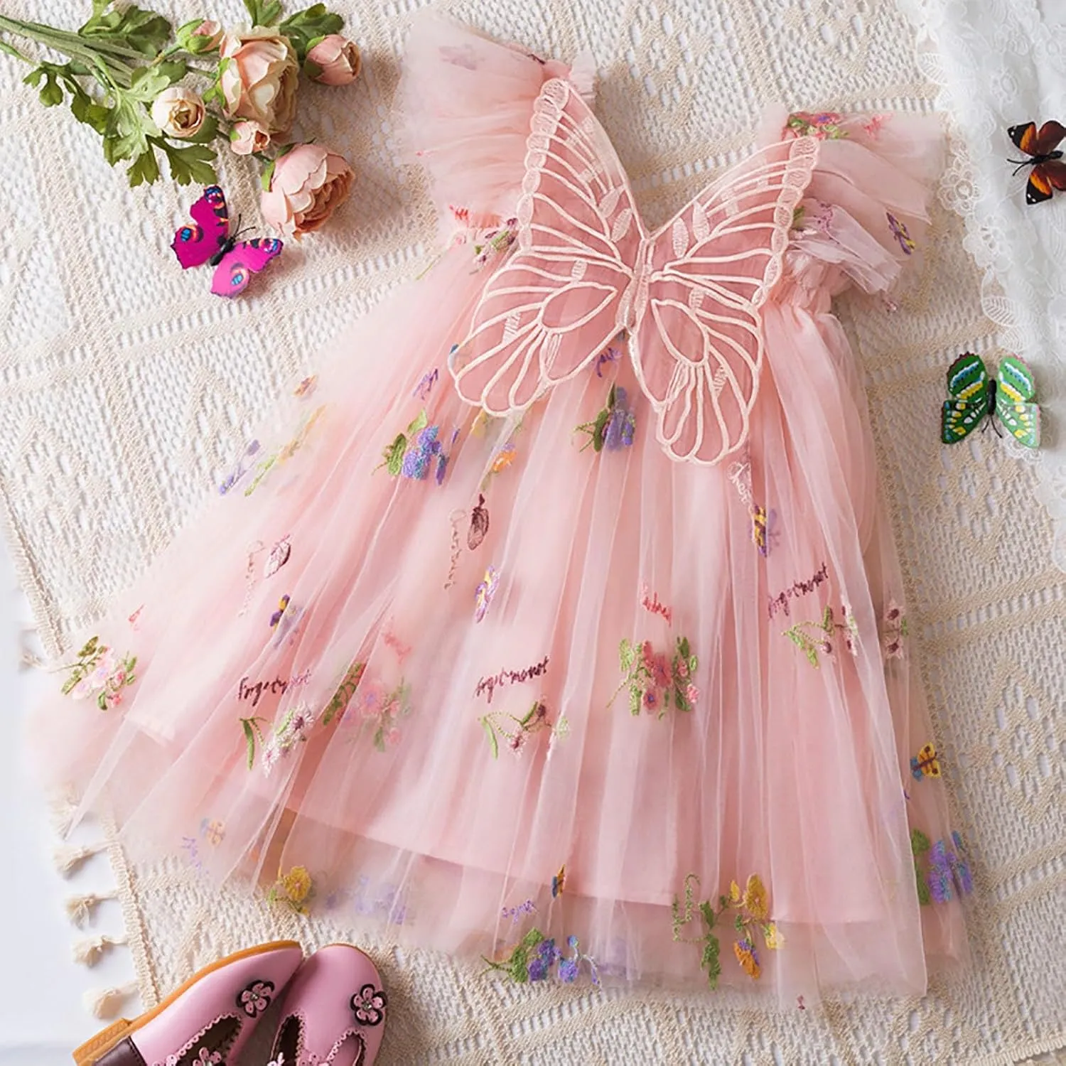 Toddler Girl Tulle Dress Butterfly Wing Flower Embroidery Casual Tutu Dresses Ruffle Sleeve Lace Summer Clothes