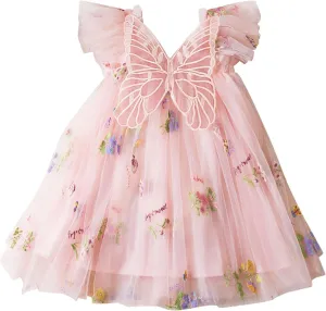 Toddler Girl Tulle Dress Butterfly Wing Flower Embroidery Casual Tutu Dresses Ruffle Sleeve Lace Summer Clothes