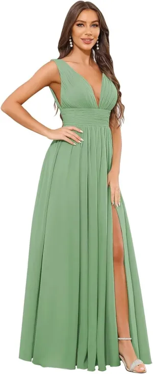 V Neck Bridesmaid Dresses for Wedding Chiffon Sleeveless Pleated A Line Long Formal Prom Dress with Slit