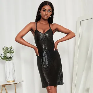 V Neck Long Trendy Sleeved Twist Sequin Dress