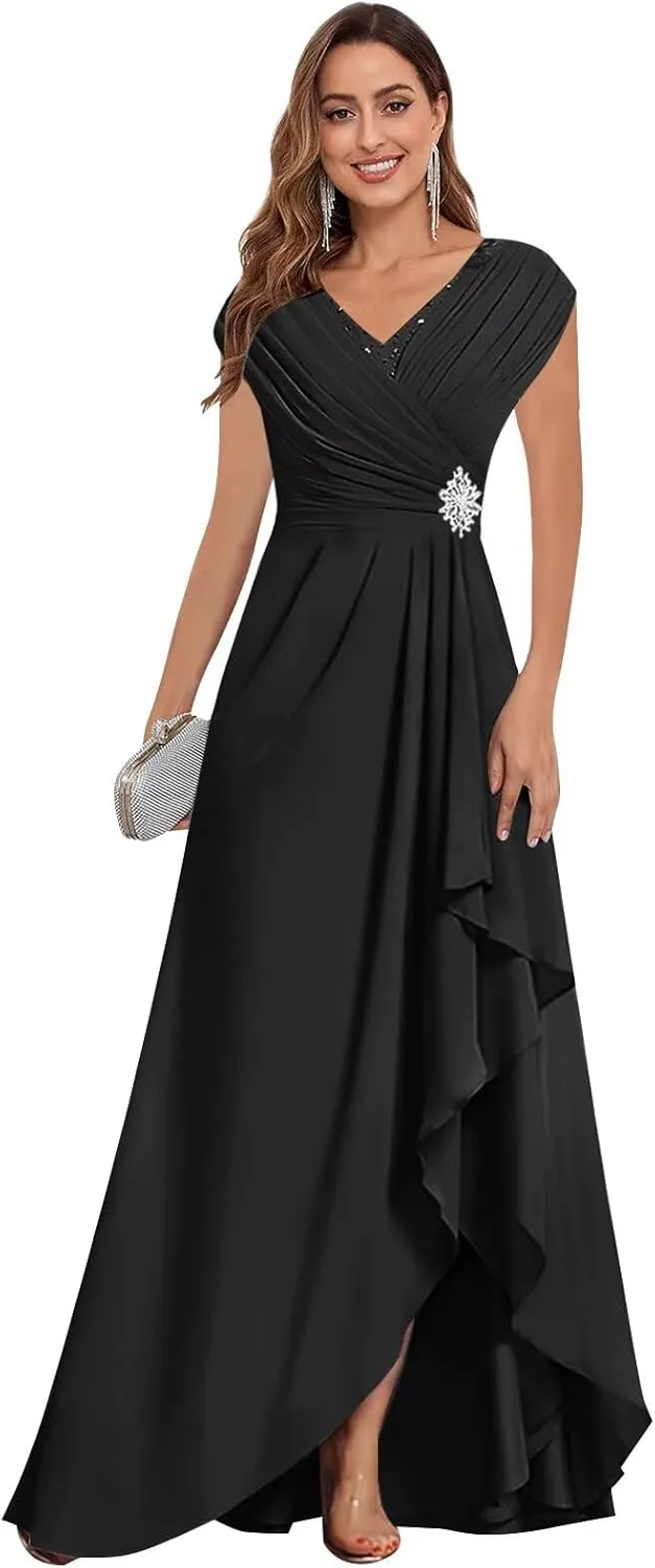 V Neck Mother of The Bride Dresses for Women 2025 Long Chiffon Cap Sleeve Formal Wedding Guest Gown