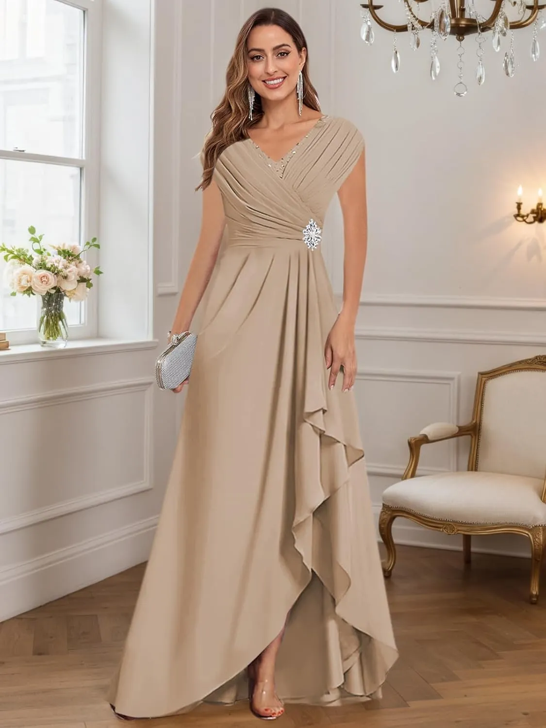 V Neck Mother of The Bride Dresses for Women 2025 Long Chiffon Cap Sleeve Formal Wedding Guest Gown