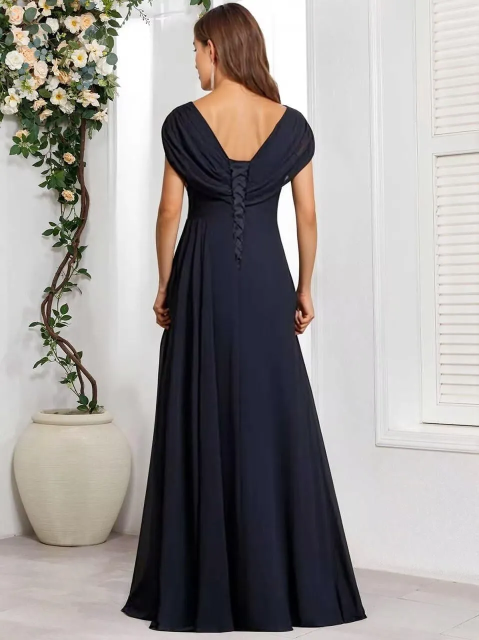 V Neck Mother of The Bride Dresses for Women 2025 Long Chiffon Cap Sleeve Formal Wedding Guest Gown