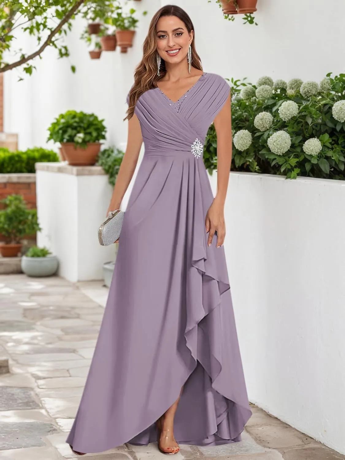 V Neck Mother of The Bride Dresses for Women 2025 Long Chiffon Cap Sleeve Formal Wedding Guest Gown
