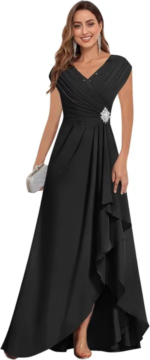 V Neck Mother of The Bride Dresses for Women 2025 Long Chiffon Cap Sleeve Formal Wedding Guest Gown