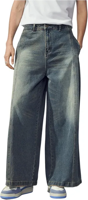 Verdusa Men's Zipper Fly Wide Leg Jeans High Waist Loose Denim Long Pants with Pocket