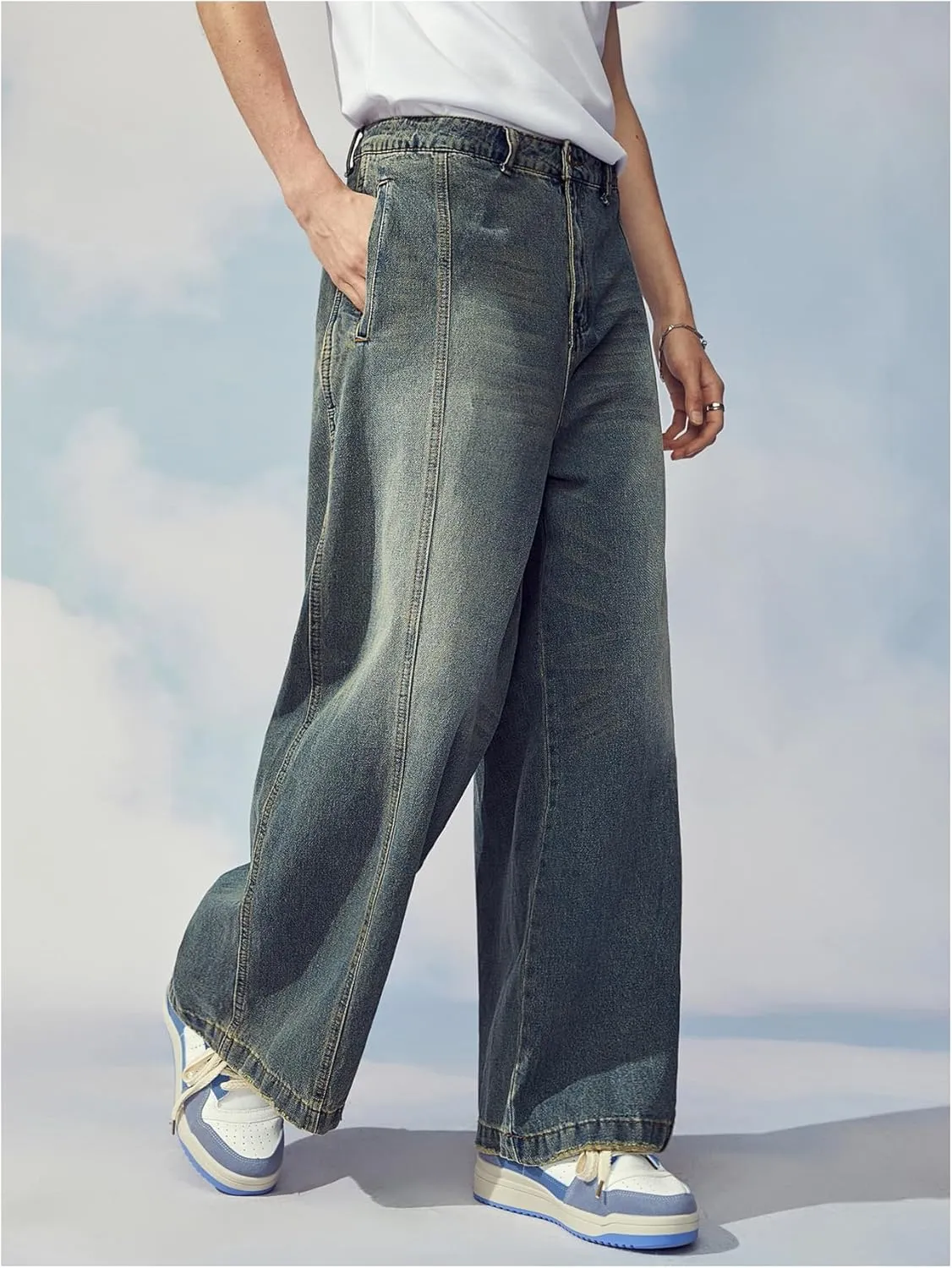 Verdusa Men's Zipper Fly Wide Leg Jeans High Waist Loose Denim Long Pants with Pocket