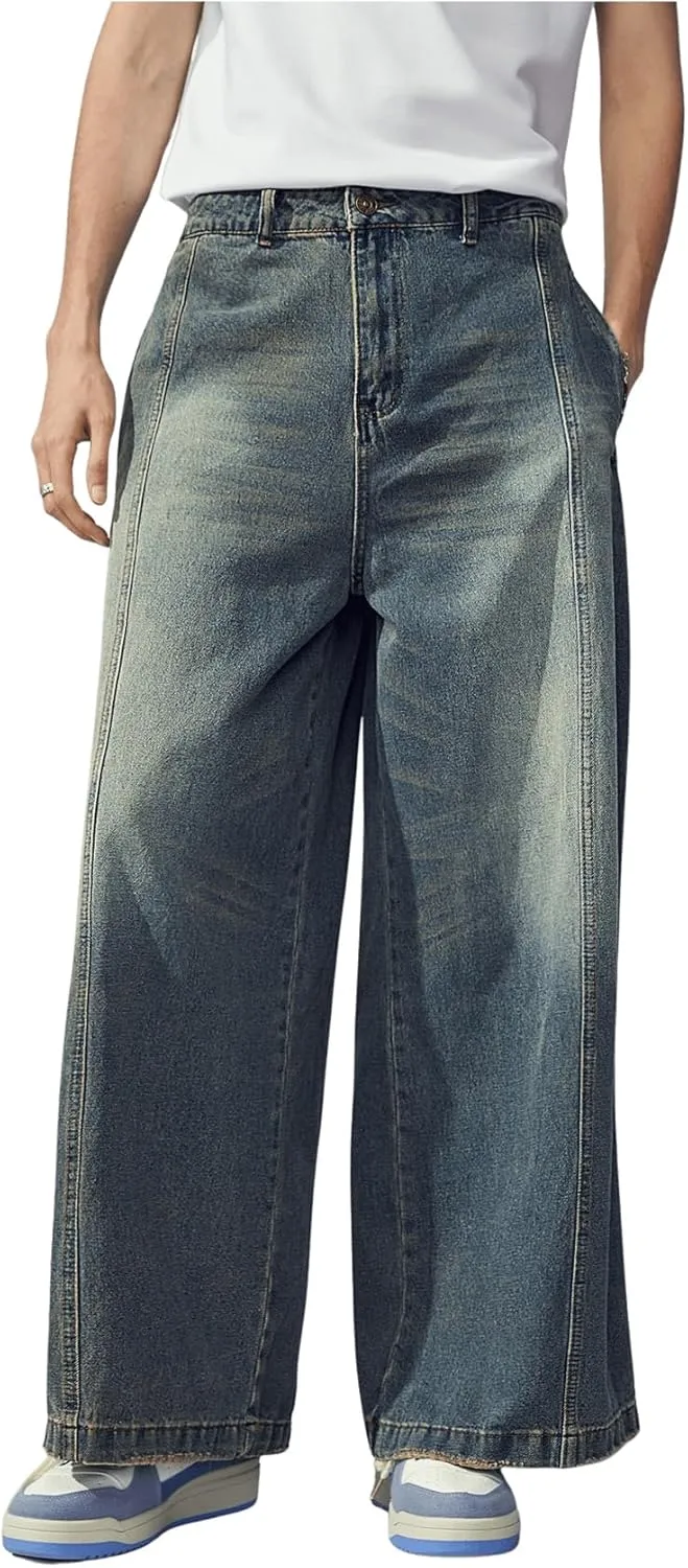 Verdusa Men's Zipper Fly Wide Leg Jeans High Waist Loose Denim Long Pants with Pocket