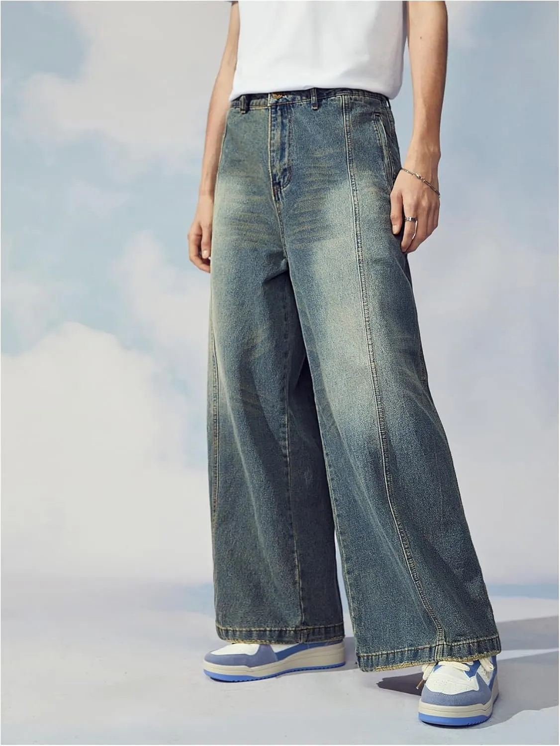 Verdusa Men's Zipper Fly Wide Leg Jeans High Waist Loose Denim Long Pants with Pocket