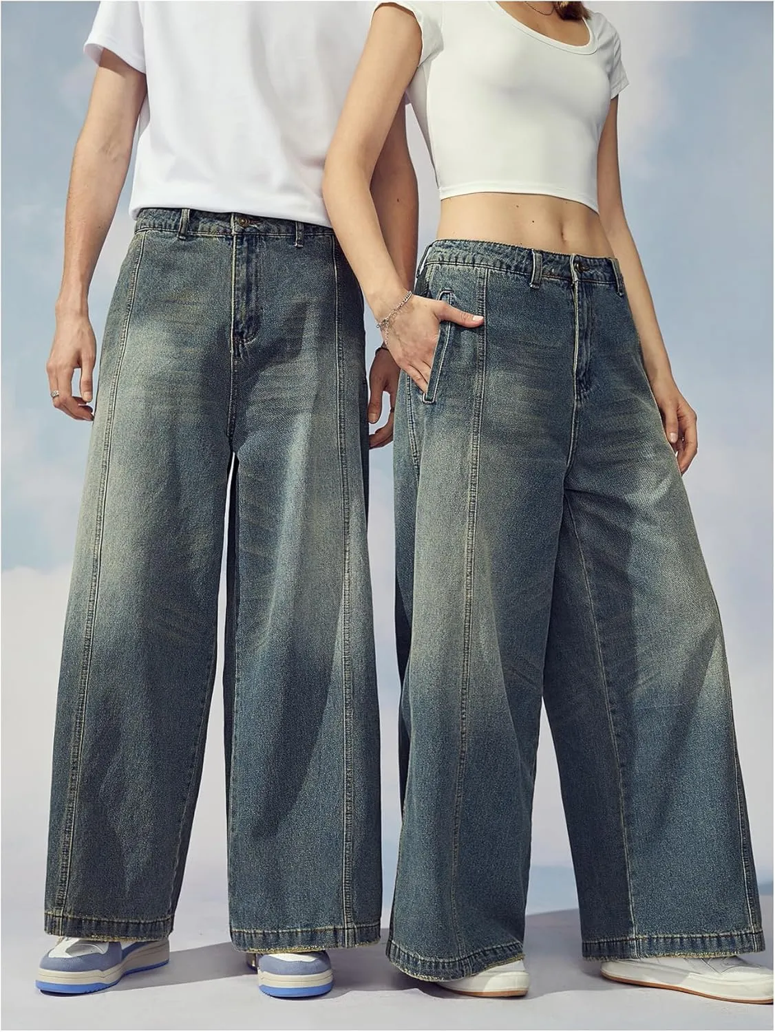 Verdusa Men's Zipper Fly Wide Leg Jeans High Waist Loose Denim Long Pants with Pocket