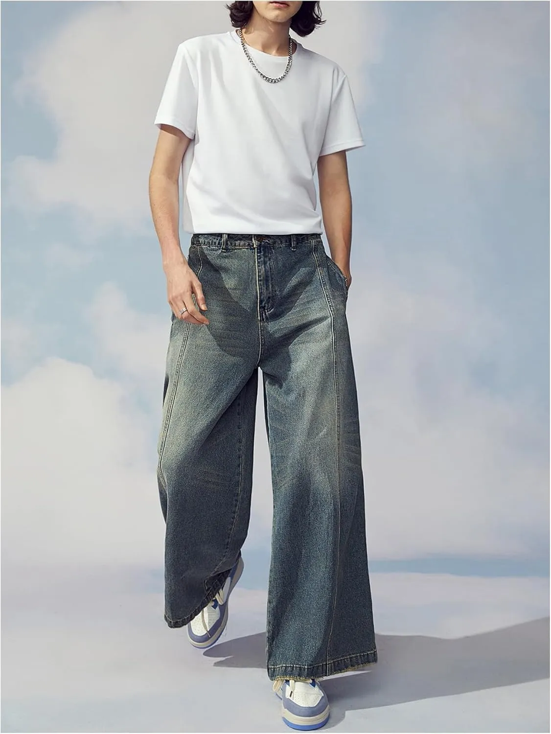 Verdusa Men's Zipper Fly Wide Leg Jeans High Waist Loose Denim Long Pants with Pocket