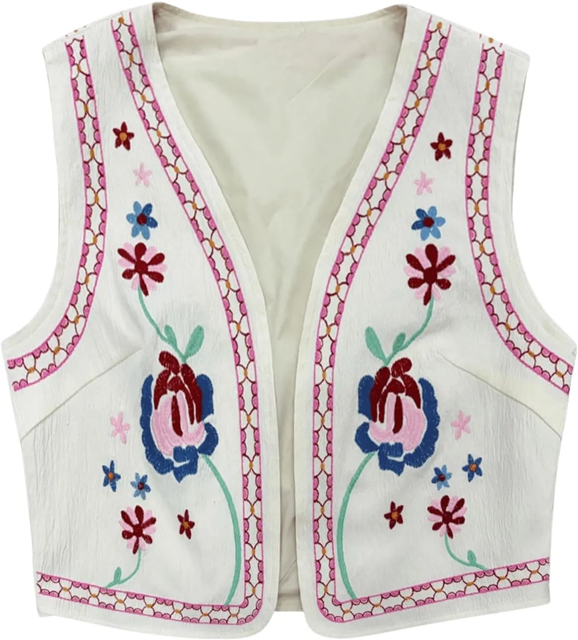 Verdusa Women's Vintage Embroidery Vest Top Open Front Sleeveless Cropped Cardigan Boho Cowgirl Vest Jacket
