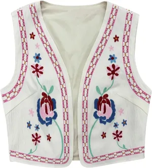 Verdusa Women's Vintage Embroidery Vest Top Open Front Sleeveless Cropped Cardigan Boho Cowgirl Vest Jacket