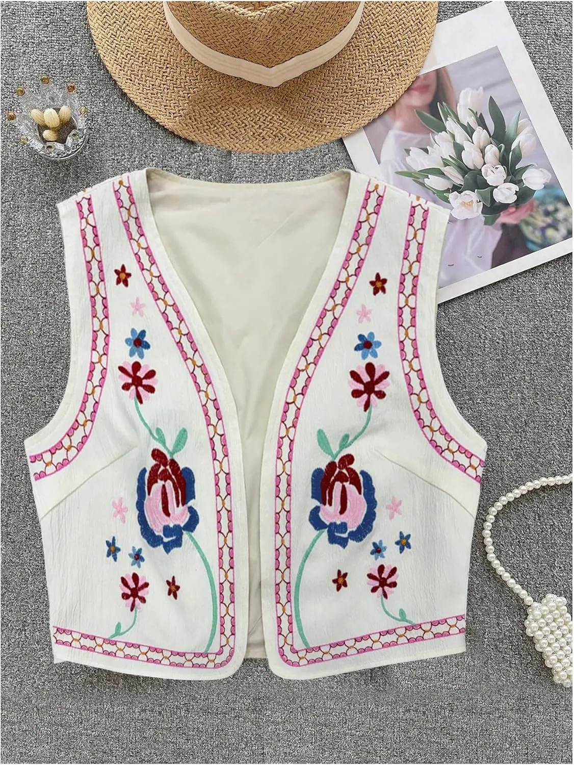 Verdusa Women's Vintage Embroidery Vest Top Open Front Sleeveless Cropped Cardigan Boho Cowgirl Vest Jacket