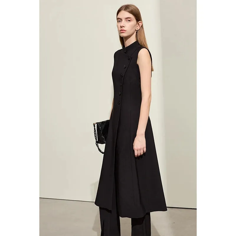 Vests For Women Spring New Stand Collar Oblique Placket Long Female Slim Buttons Sleeveless Blouse