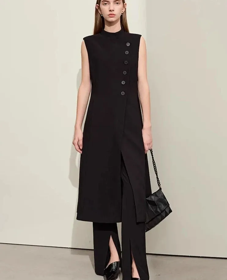 Vests For Women Spring New Stand Collar Oblique Placket Long Female Slim Buttons Sleeveless Blouse