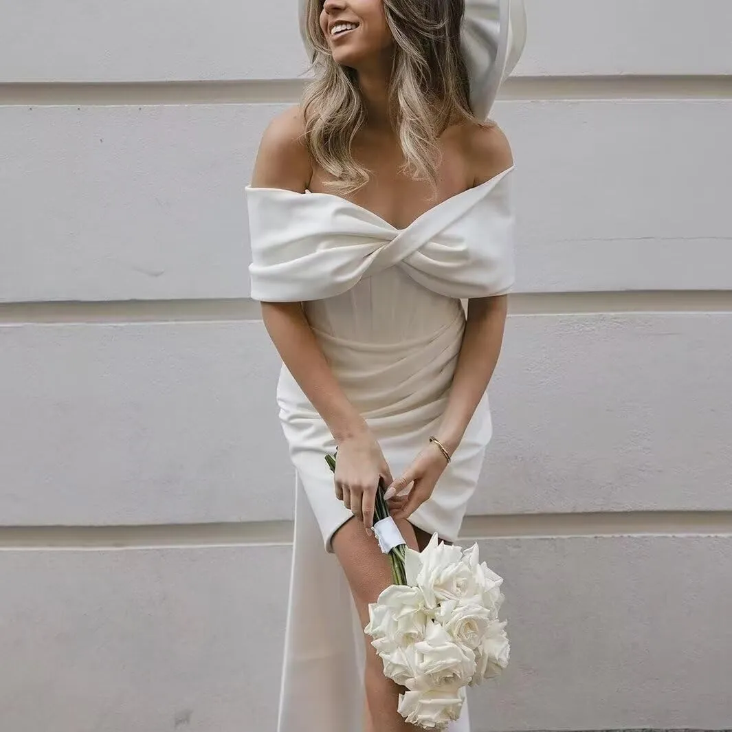 Wchecalino Short Wedding Dresses for Bride 2025 Simple Bridal Shower Dress Boho Mini Wedding Reception Gowns
