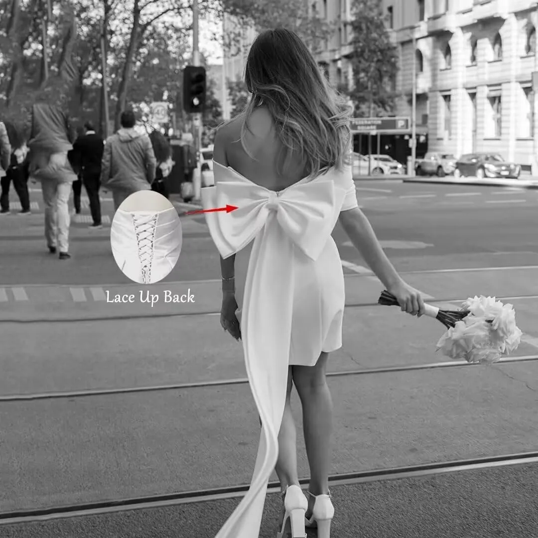 Wchecalino Short Wedding Dresses for Bride 2025 Simple Bridal Shower Dress Boho Mini Wedding Reception Gowns