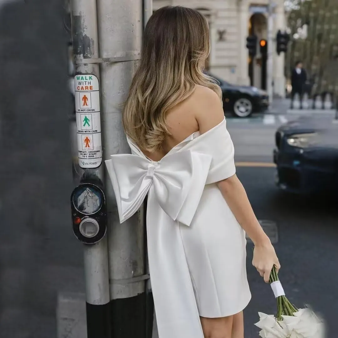 Wchecalino Short Wedding Dresses for Bride 2025 Simple Bridal Shower Dress Boho Mini Wedding Reception Gowns
