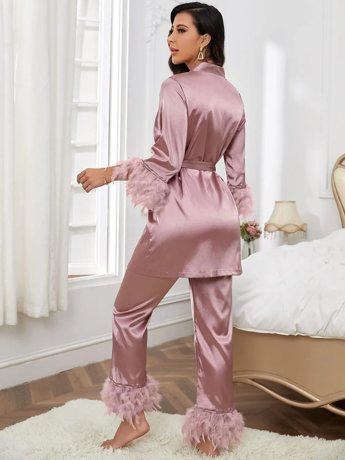 WDIRARA Women's Fuzzy Trim Satin Sleepwear Long Sleeve Tie Belt Top and Pants Pajamas Set