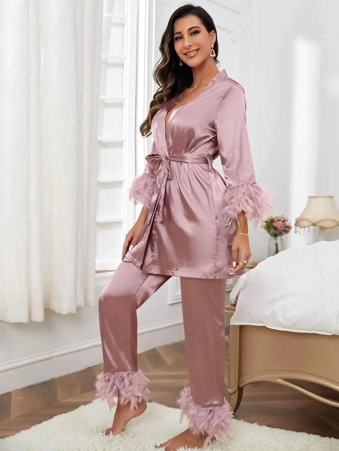 WDIRARA Women's Fuzzy Trim Satin Sleepwear Long Sleeve Tie Belt Top and Pants Pajamas Set