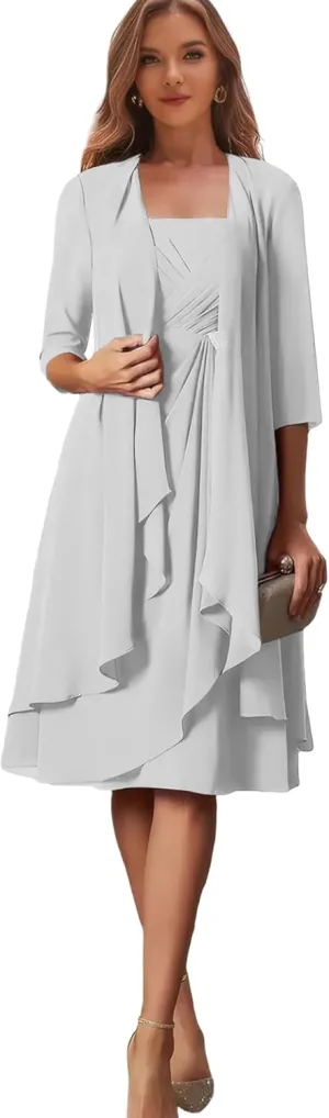 White Mother of The Bride Groom Dress with Jacket Chiffon Formal Dresses for Women 2 Pieces Evening Gown Size 8
